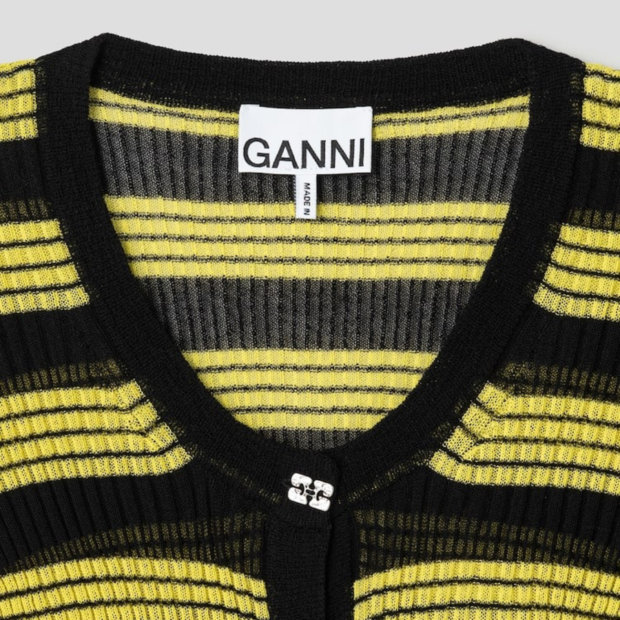 GANNI Sheer Cotton Rib Knit Cardigan – Black