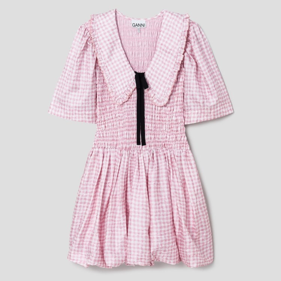GANNI Shibori Pleat Mini Smock Bubble Dress – Light Pink