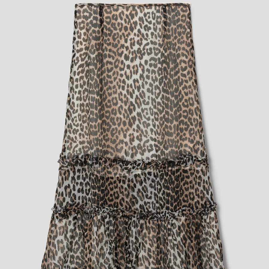 GANNI Printed Viscose Chiffon Long Ruffle Skirt