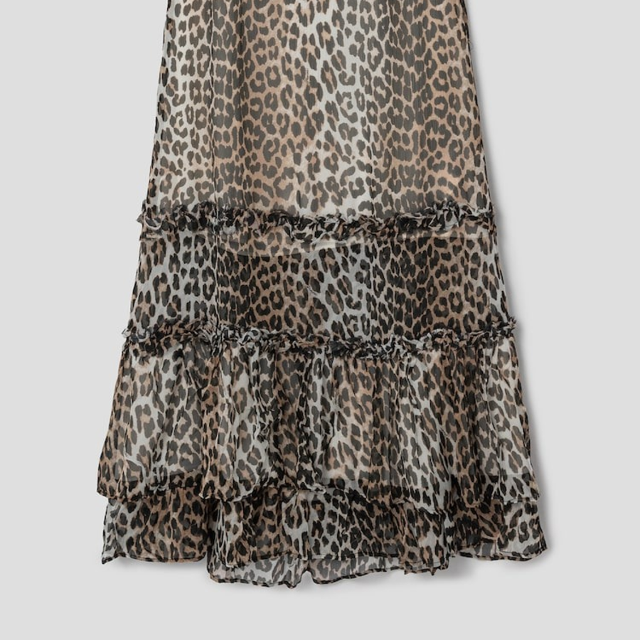 GANNI Printed Viscose Chiffon Long Ruffle Skirt