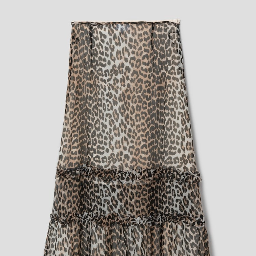 GANNI Printed Viscose Chiffon Long Ruffle Skirt