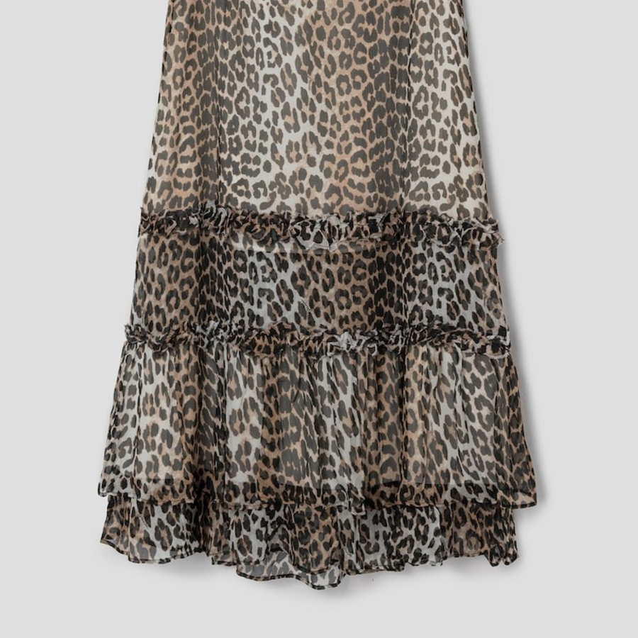 GANNI Printed Viscose Chiffon Long Ruffle Skirt