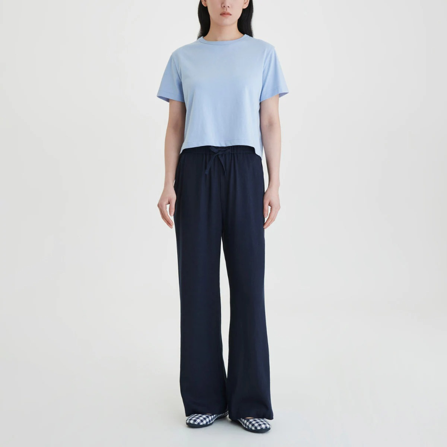 JAJU Linen Blended Wide Banding Pants (Navy) — прохлада и комфорт в расслабленном силуэте