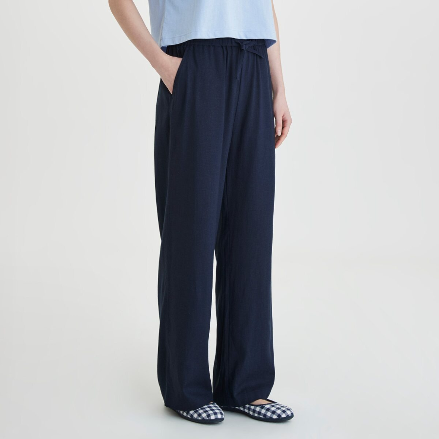 JAJU Linen Blended Wide Banding Pants (Navy) — прохлада и комфорт в расслабленном силуэте
