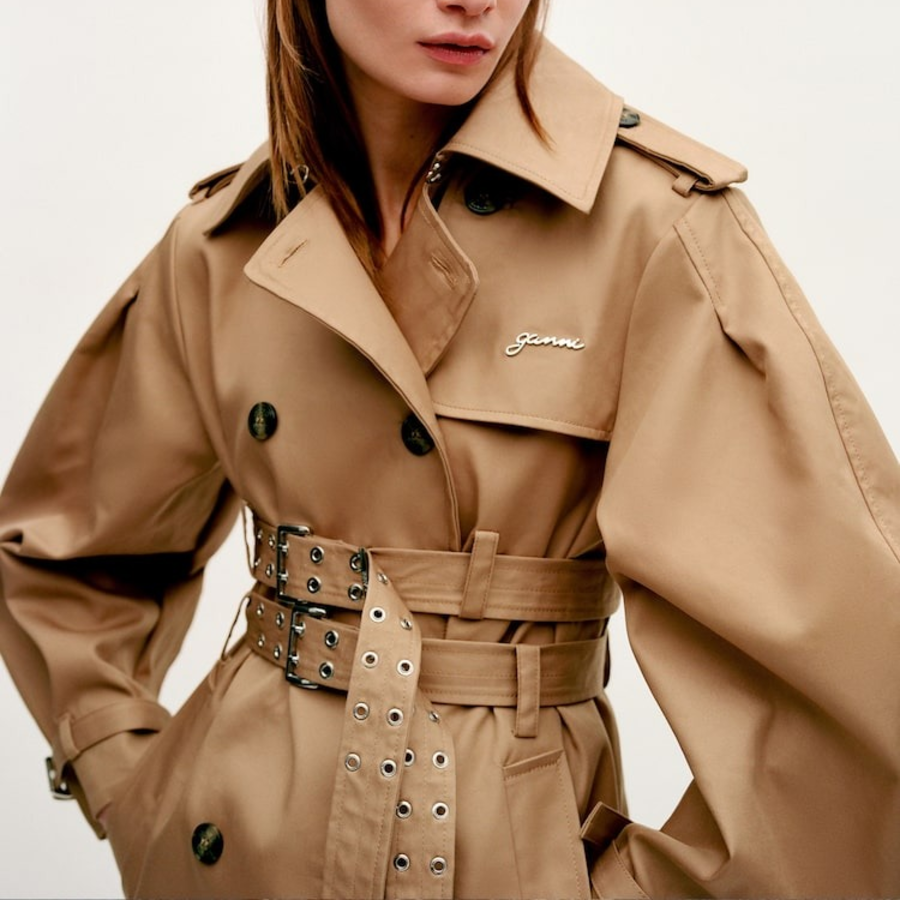 GANNI Bonded Cotton Trench Coat – Tigers Eye