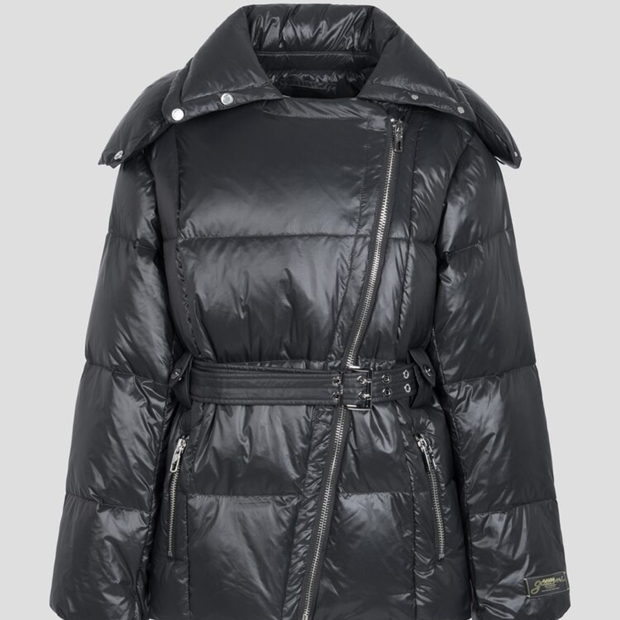 GANNI Shiny Nylon Puffer Jacket – Black