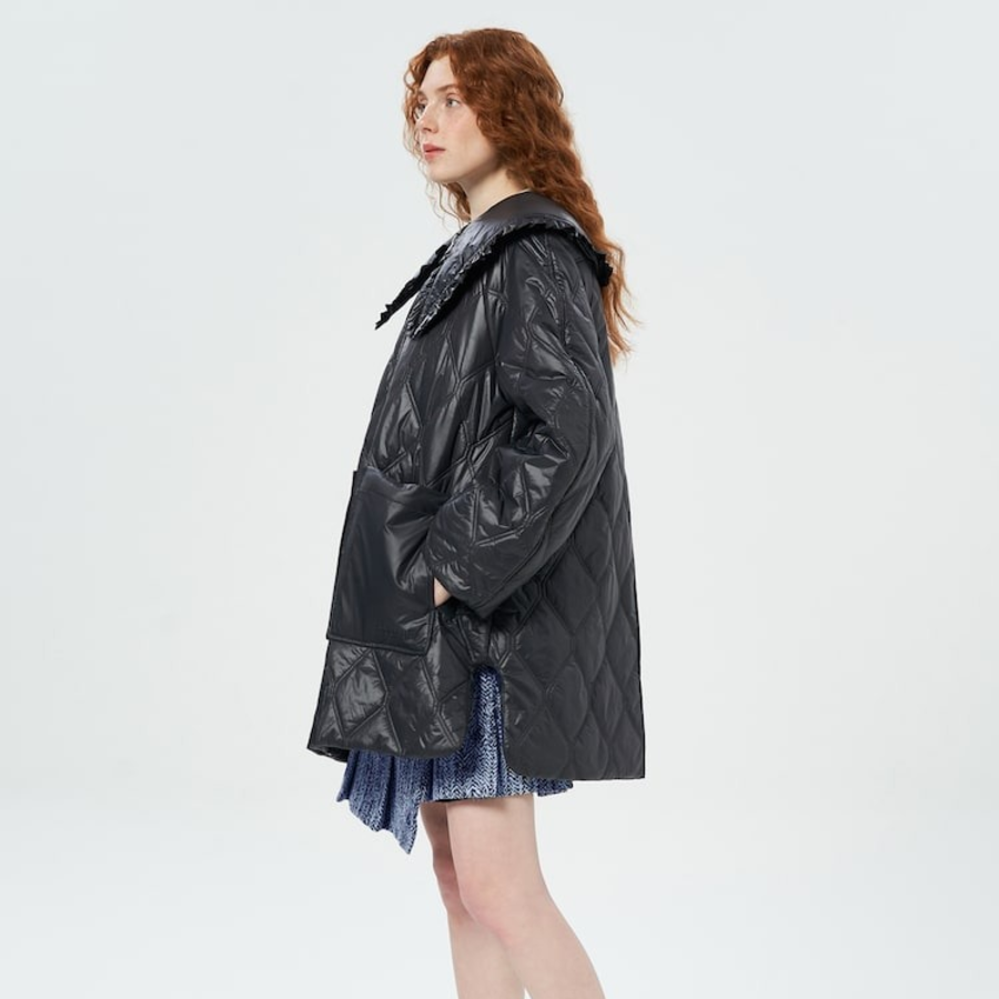 GANNI Shiny Quilt Midi Jacket – Black