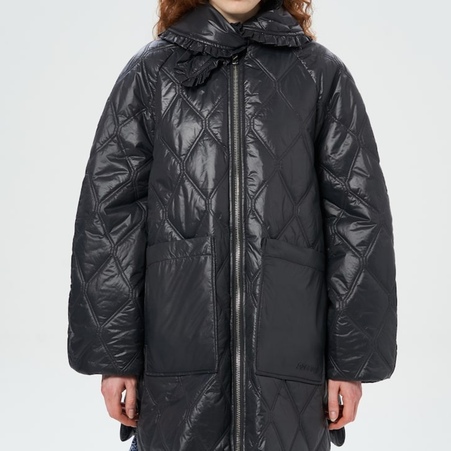 GANNI Shiny Quilt Midi Jacket – Black