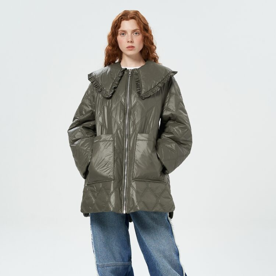 GANNI Shiny Quilt Midi Jacket – Khaki