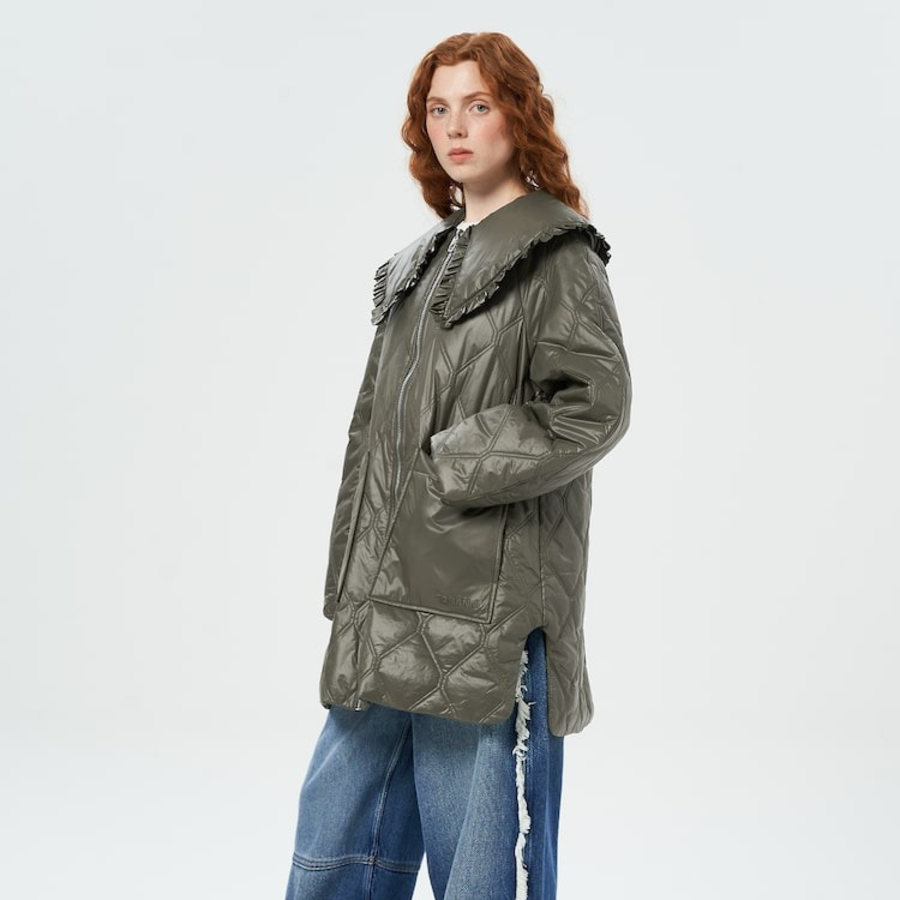 GANNI Shiny Quilt Midi Jacket – Khaki