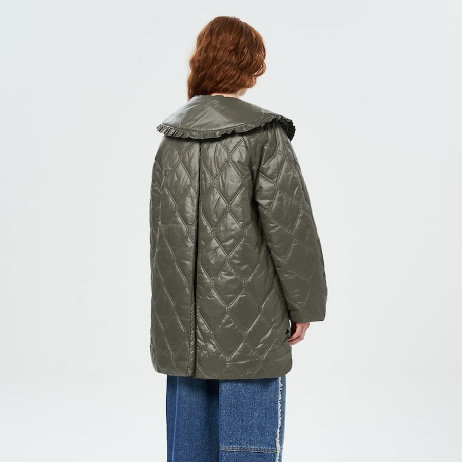 GANNI Shiny Quilt Midi Jacket – Khaki