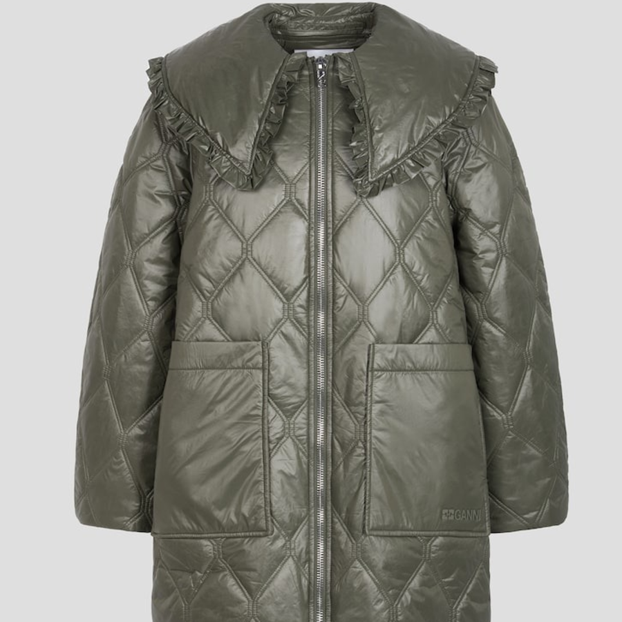 GANNI Shiny Quilt Midi Jacket – Khaki