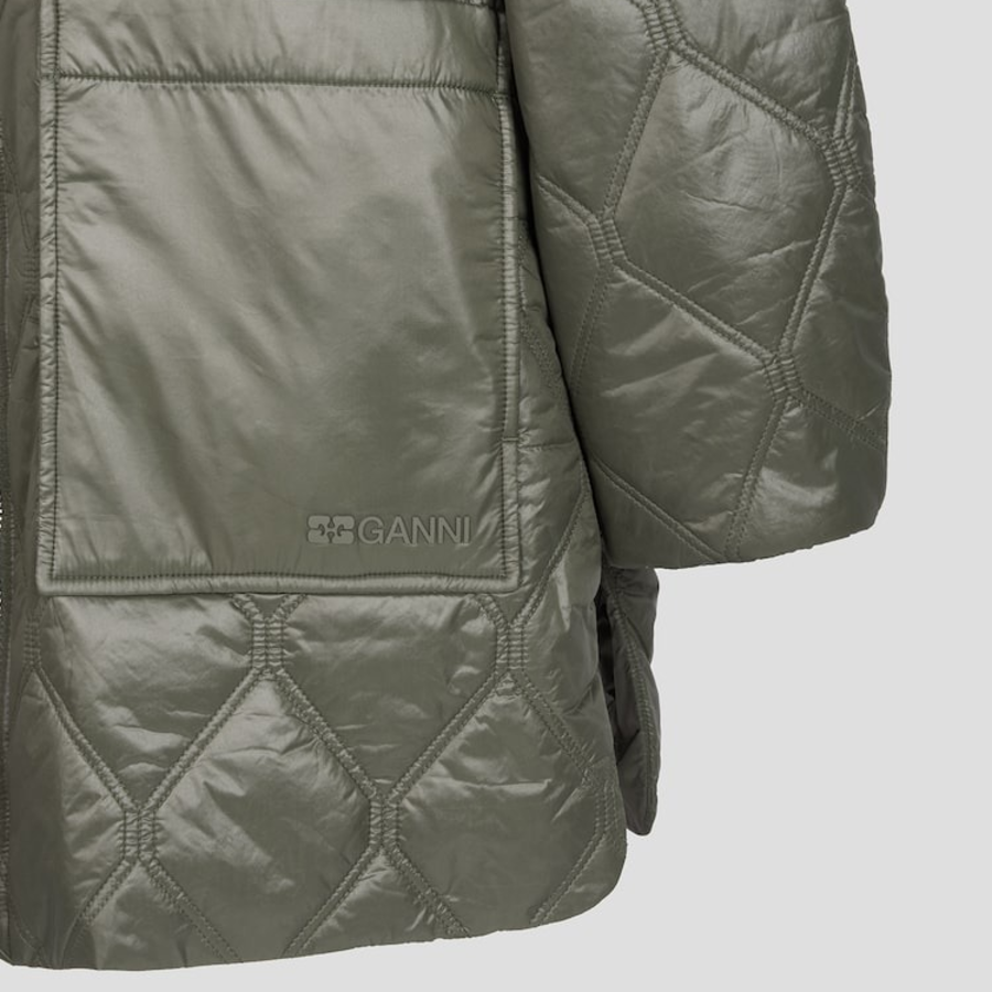 GANNI Shiny Quilt Midi Jacket – Khaki