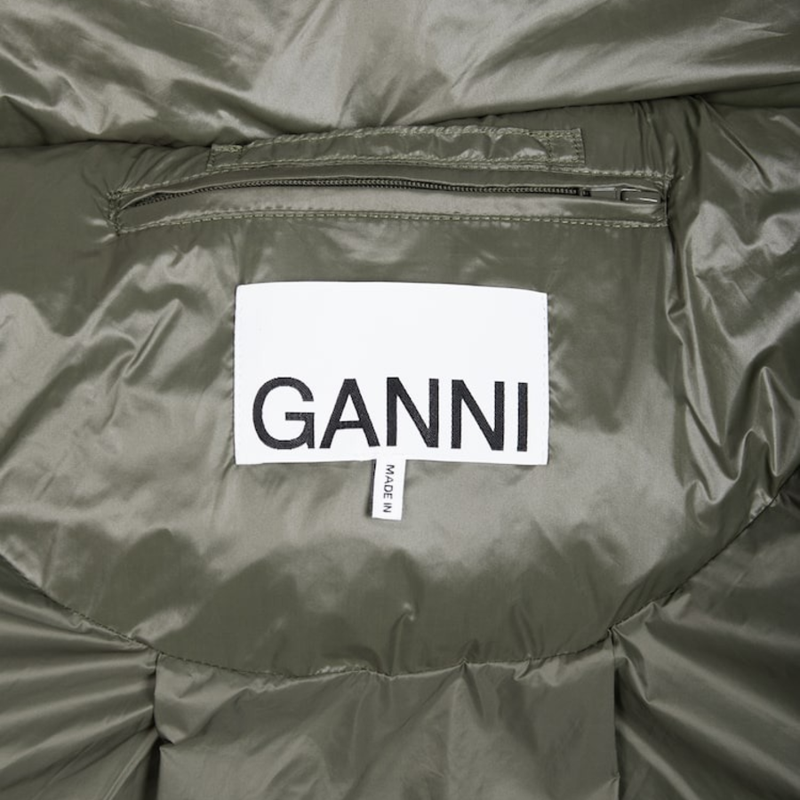 GANNI Shiny Quilt Midi Jacket – Khaki