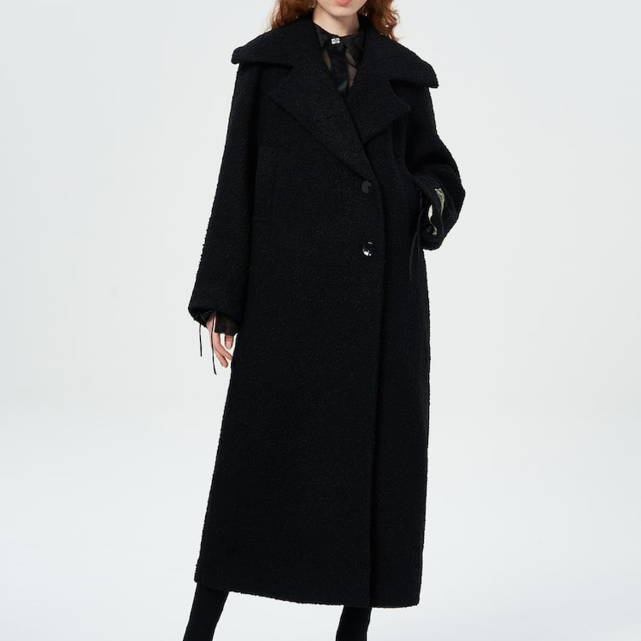 GANNI Textured Boucle Wool Coat – Black