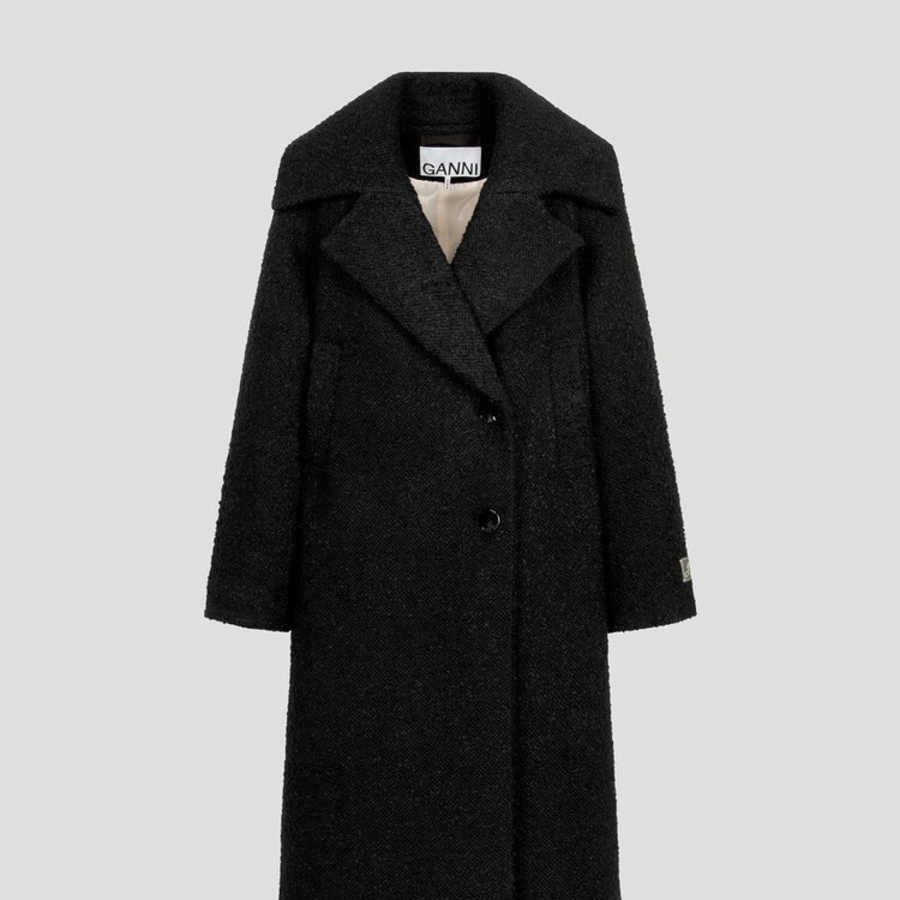 GANNI Textured Boucle Wool Coat – Black