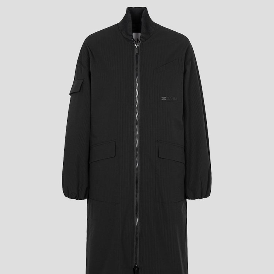 GANNI Tech Seersucker Oversized Shell Coat – Black