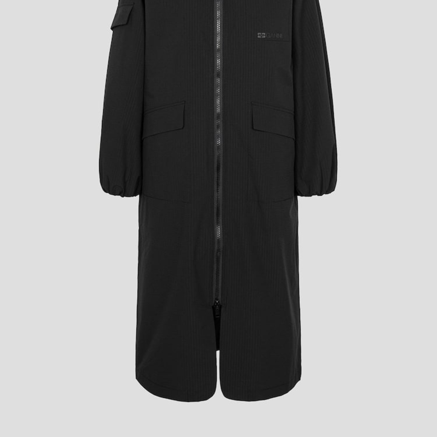 GANNI Tech Seersucker Oversized Shell Coat – Black