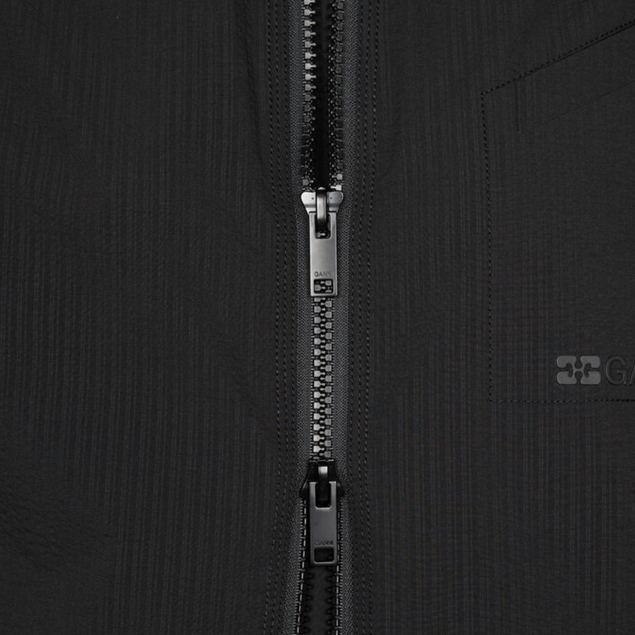 GANNI Tech Seersucker Oversized Shell Coat – Black