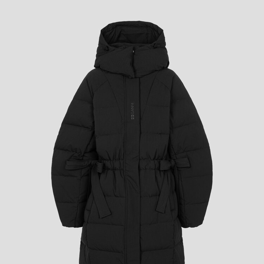 GANNI Tech Seersucker Puffer Coat – Black