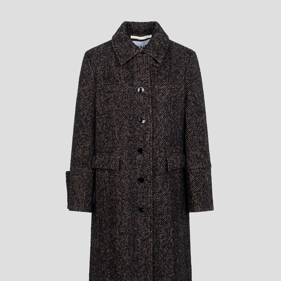 GANNI Herringbone Wool Coat – Brown