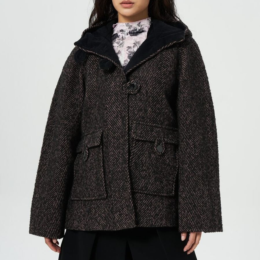 GANNI Herringbone Wool Midi Jacket – Brown