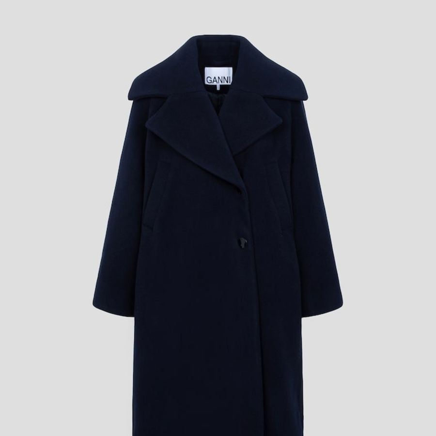 GANNI Boiled Wool Large Collar Coat – Navy