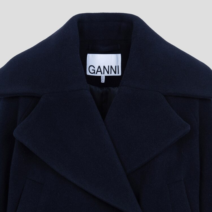 GANNI Boiled Wool Large Collar Coat – Navy