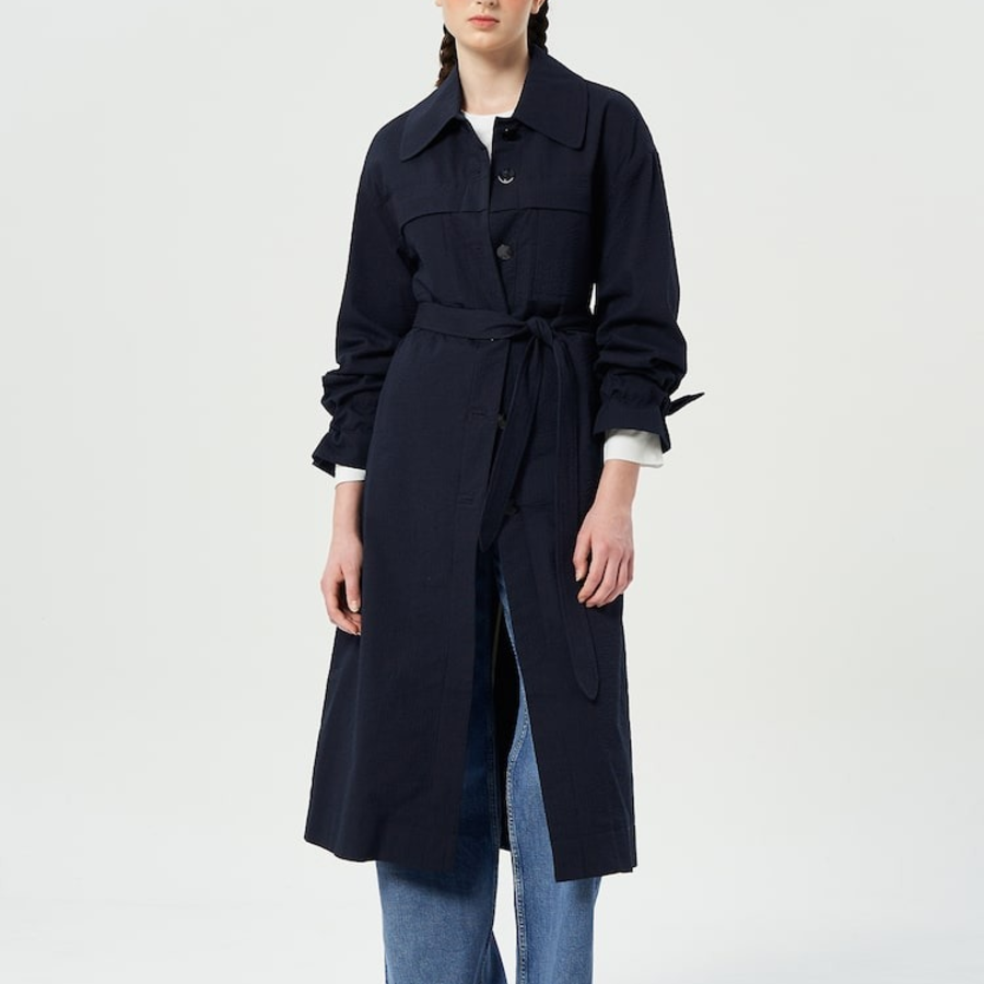 GANNI Seersucker Cotton Long Coat – Sky Captain