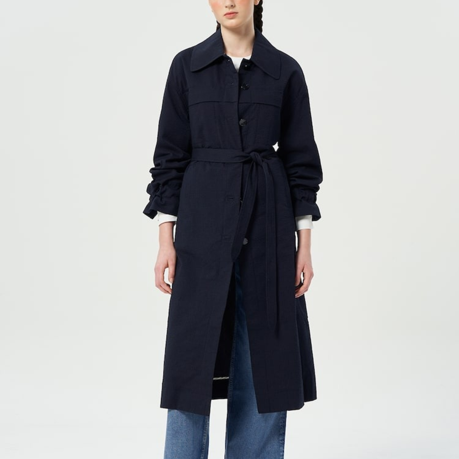 GANNI Seersucker Cotton Long Coat – Sky Captain