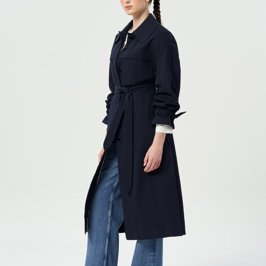 GANNI Seersucker Cotton Long Coat – Sky Captain