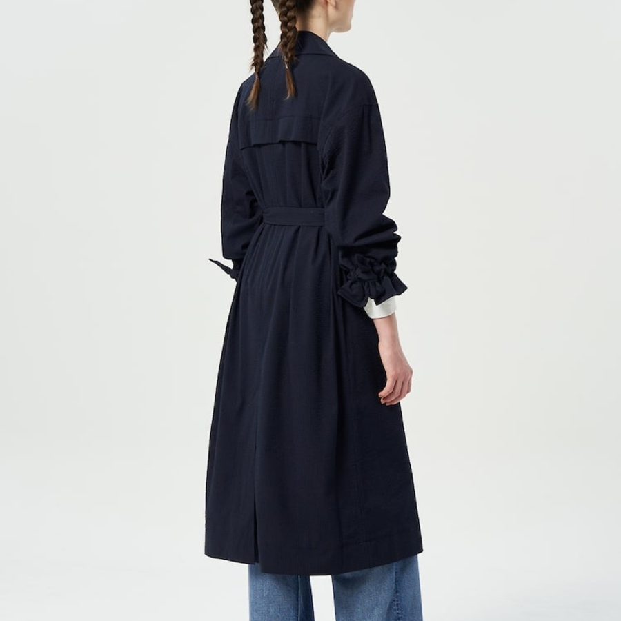 GANNI Seersucker Cotton Long Coat – Sky Captain