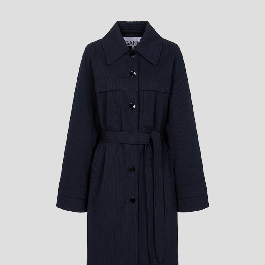 GANNI Seersucker Cotton Long Coat – Sky Captain