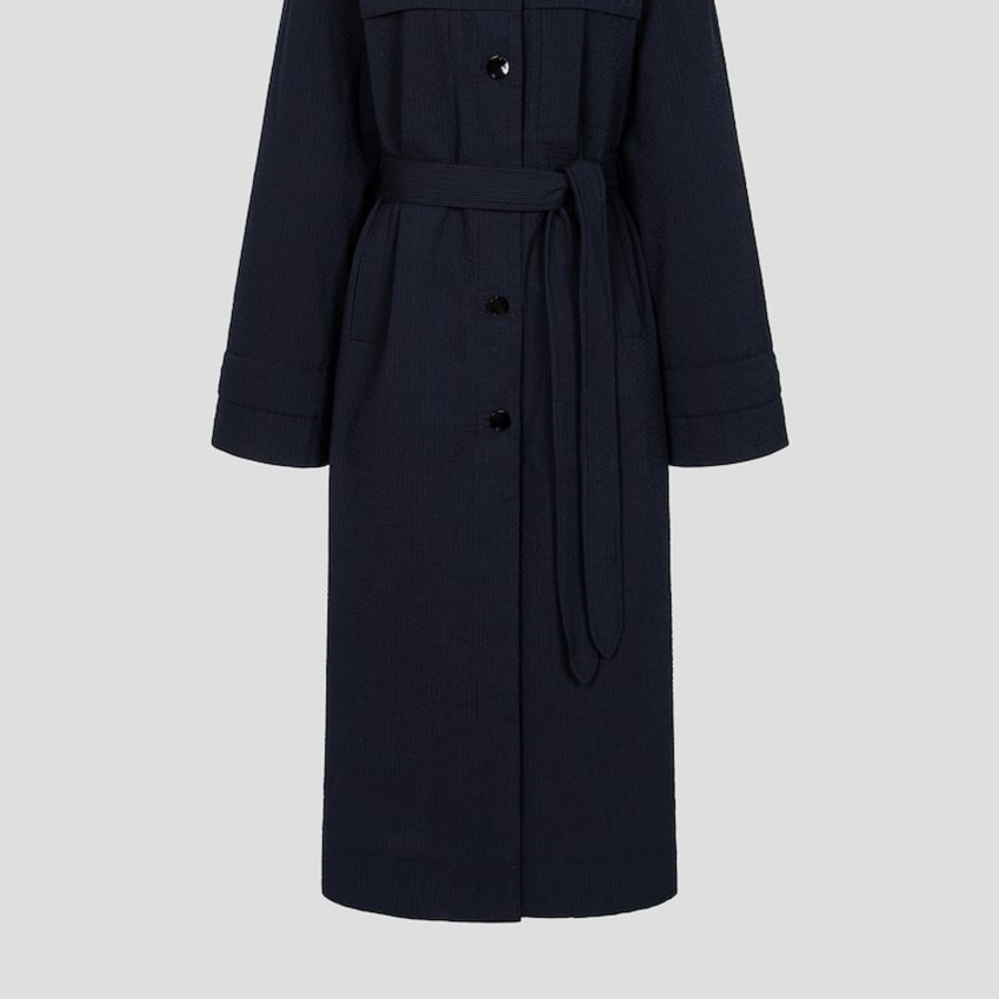 GANNI Seersucker Cotton Long Coat – Sky Captain