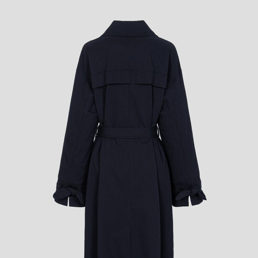 GANNI Seersucker Cotton Long Coat – Sky Captain