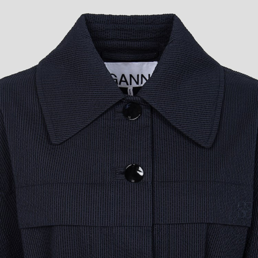 GANNI Seersucker Cotton Long Coat – Sky Captain