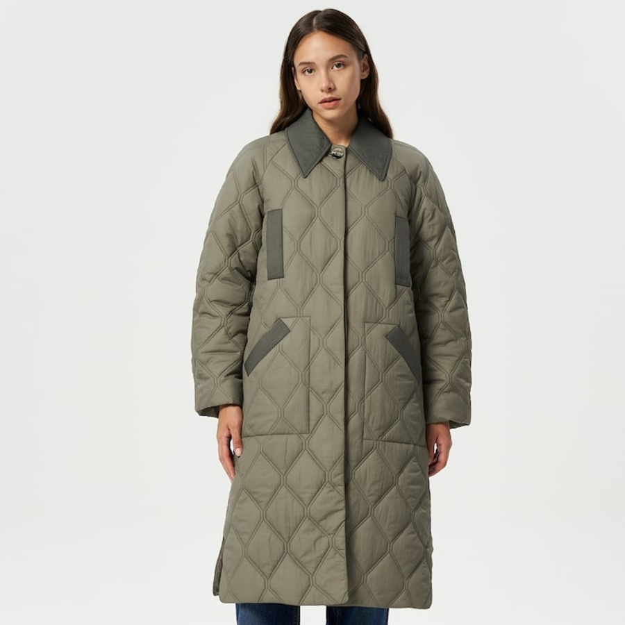 GANNI Quilt Raglan Midi Coat – Kalamata