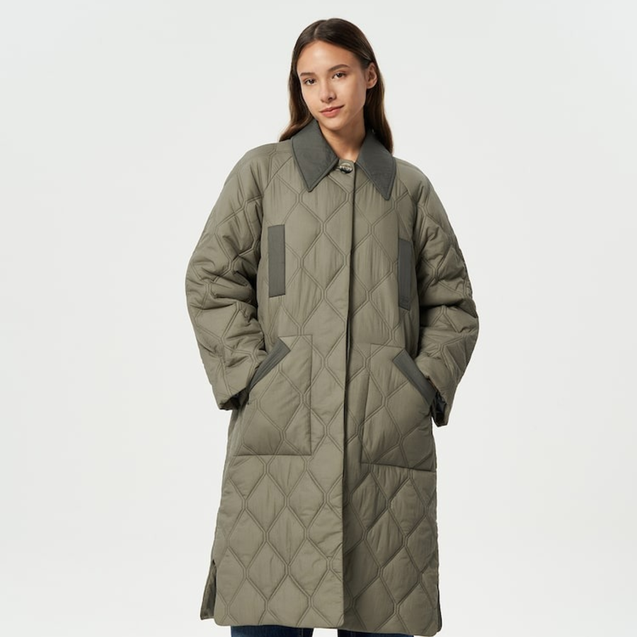 GANNI Quilt Raglan Midi Coat – Kalamata