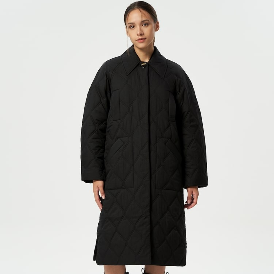 GANNI Quilt Raglan Midi Coat – Black