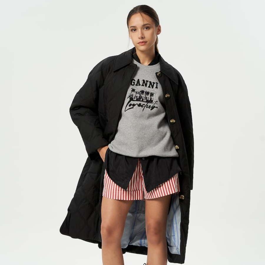 GANNI Quilt Raglan Midi Coat – Black