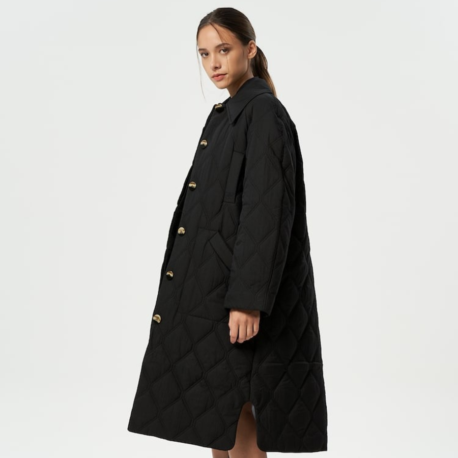 GANNI Quilt Raglan Midi Coat – Black