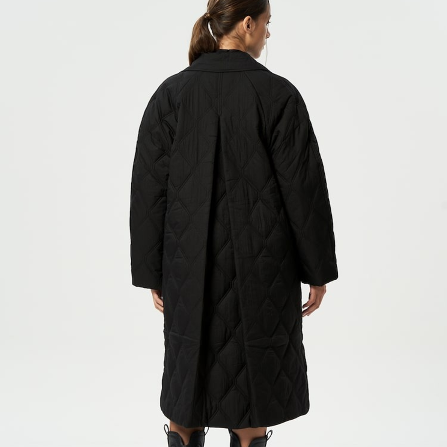 GANNI Quilt Raglan Midi Coat – Black