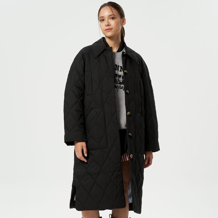 GANNI Quilt Raglan Midi Coat – Black