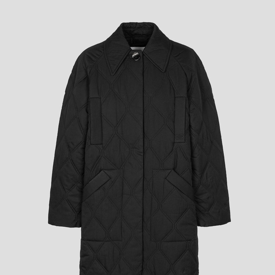 GANNI Quilt Raglan Midi Coat – Black
