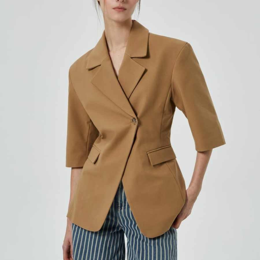 GANNI Heavy Cotton Tailoring 3/4 Sleeve Blazer – Yellowish Brown