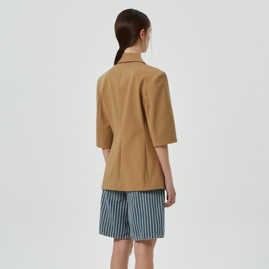 GANNI Heavy Cotton Tailoring 3/4 Sleeve Blazer – Yellowish Brown