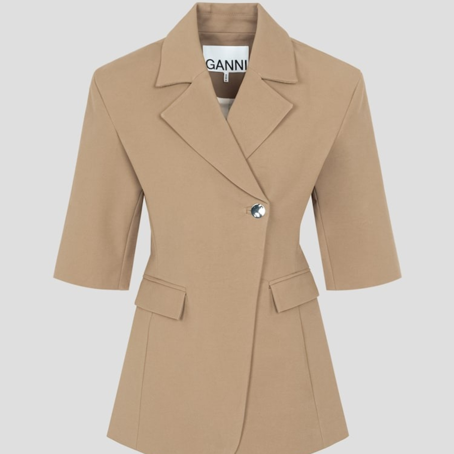 GANNI Heavy Cotton Tailoring 3/4 Sleeve Blazer – Yellowish Brown