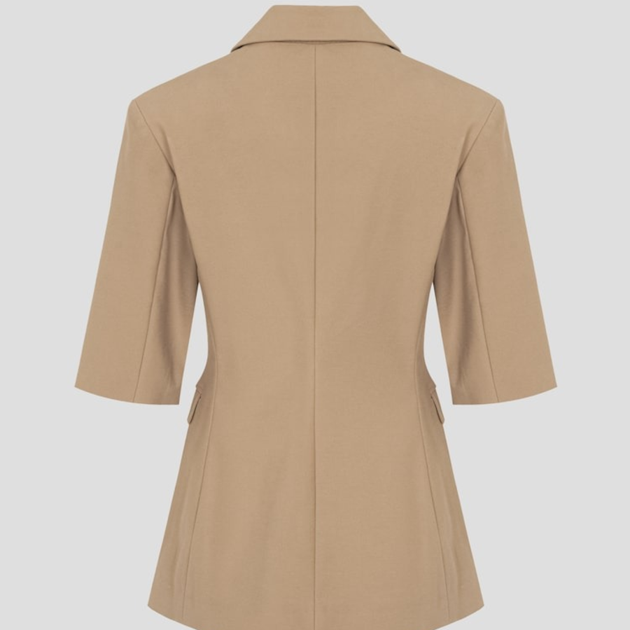 GANNI Heavy Cotton Tailoring 3/4 Sleeve Blazer – Yellowish Brown