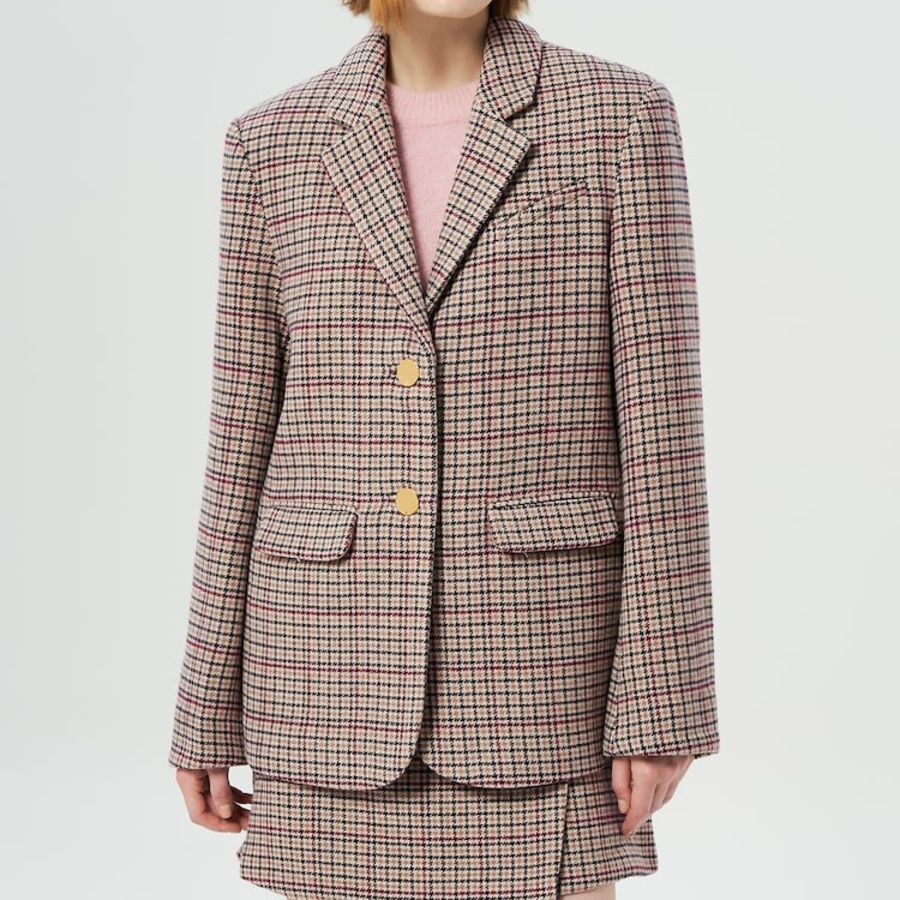 GANNI Check Wool Mix Boxy Blazer – Beige