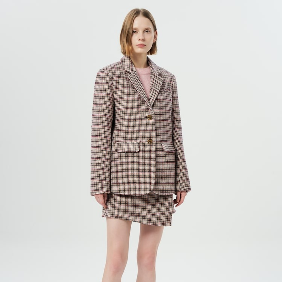 GANNI Check Wool Mix Boxy Blazer – Beige